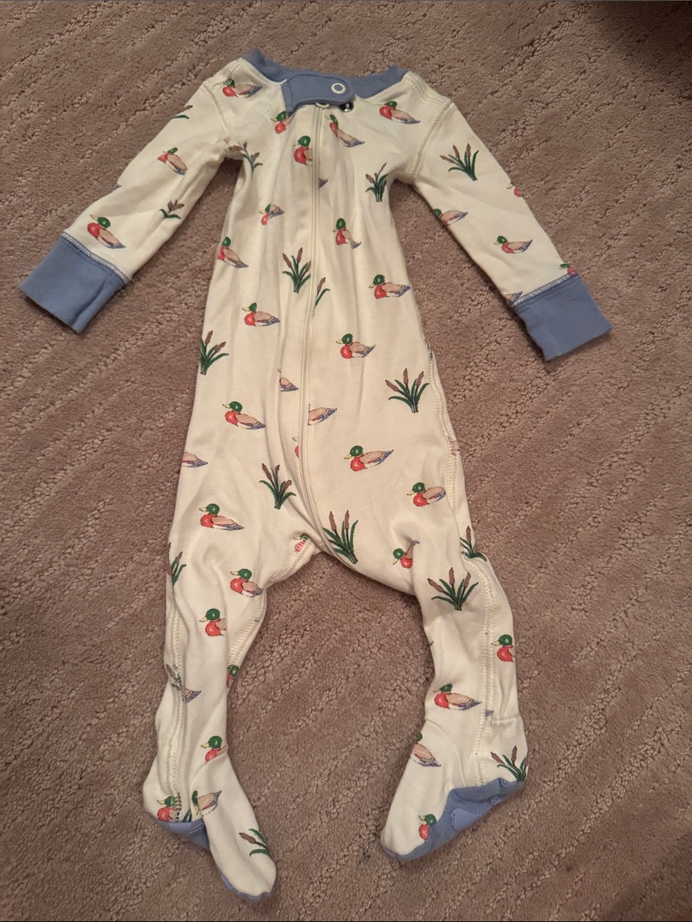 The Beaufort Bonnet Company Cream Duck-Print Footed One-Piece with Blue Trim